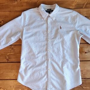 Ralph Lauren button down up shirt white blue stripe 12 slim fit women oxford